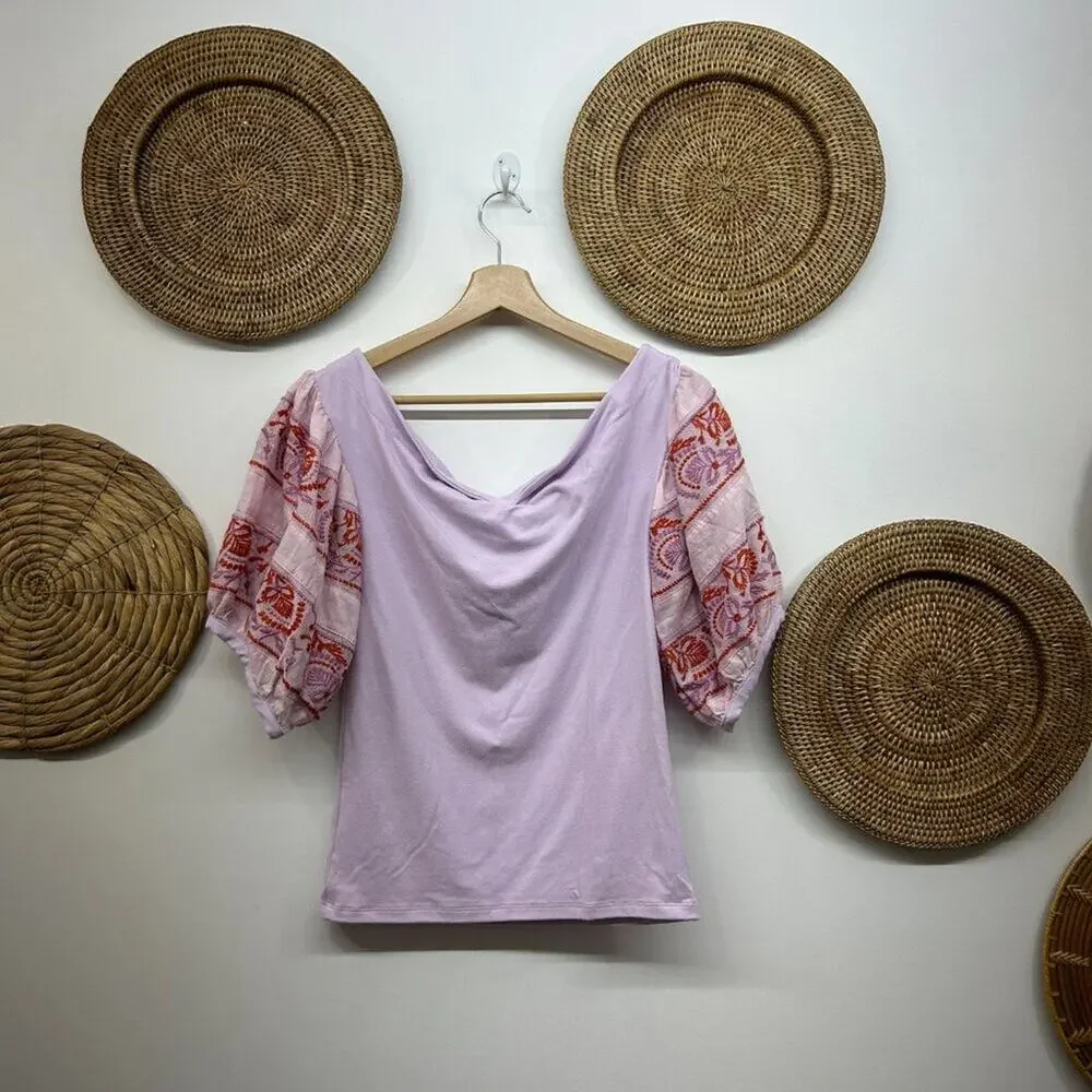 Free People Purple Boho Bohemian Embroidered Short Puff Sleeve Top Small